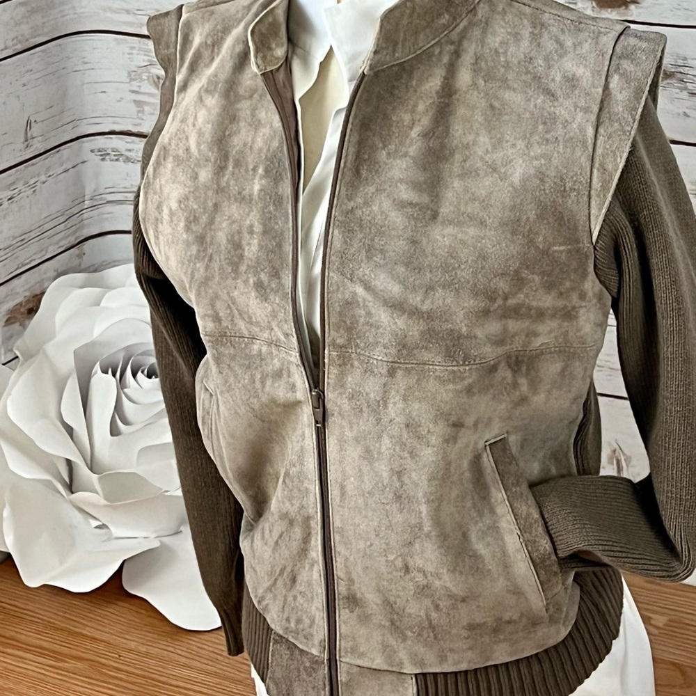 Trading Post Women’s Suede Leather Knit Vintage Coat Jacket Beige Taupe Large